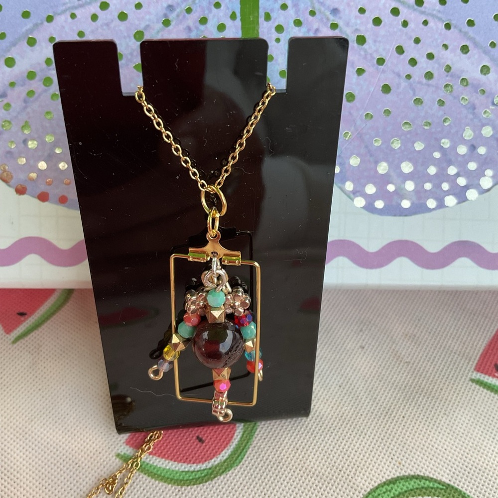 Round Garnet Stone and glass bead Pendant Necklace with Gold Chain handmaid